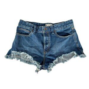 Free People Women's Sz 27 Distressed Button Fly Cut Off Chew Hem Jean Shorts
